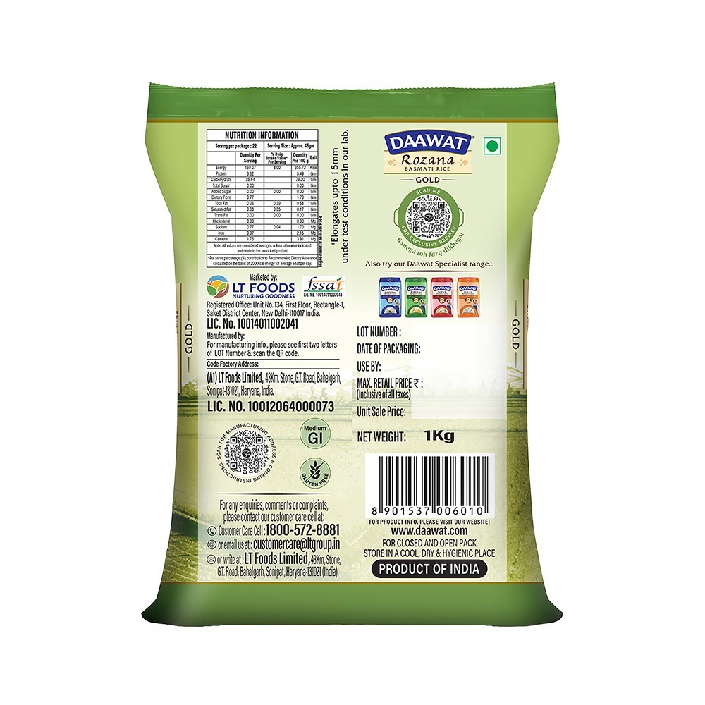 Daawat Rozana Gold Tibar Basmati Rice (Medium Grain) - Pack of 2