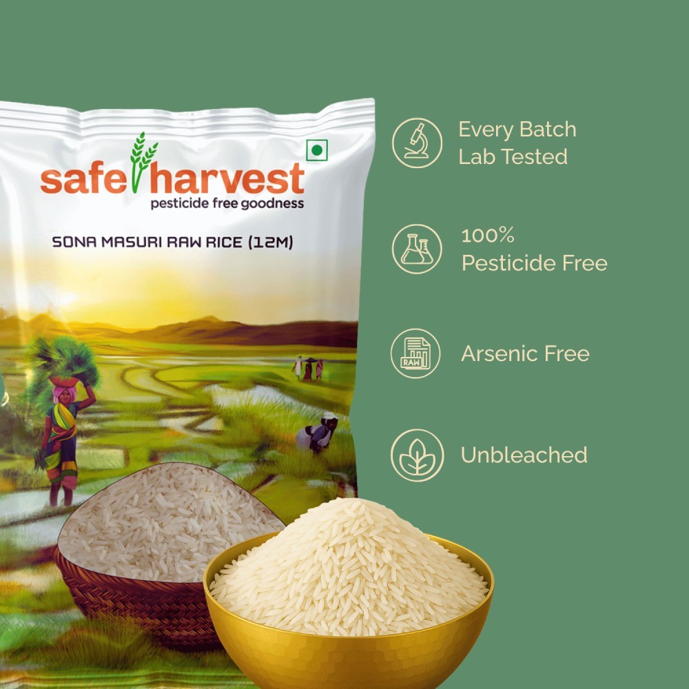 Safe Harvest Pesticide-Free Raw Sonamasuri Rice 12 Months Old