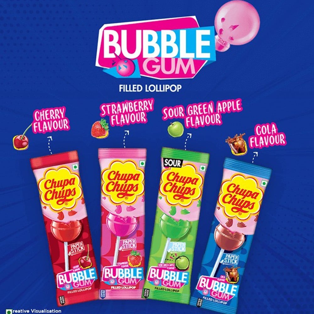 Chupa Chups Bubble Gum Filled Lollipop Sour Candy (Assorted Flavours)