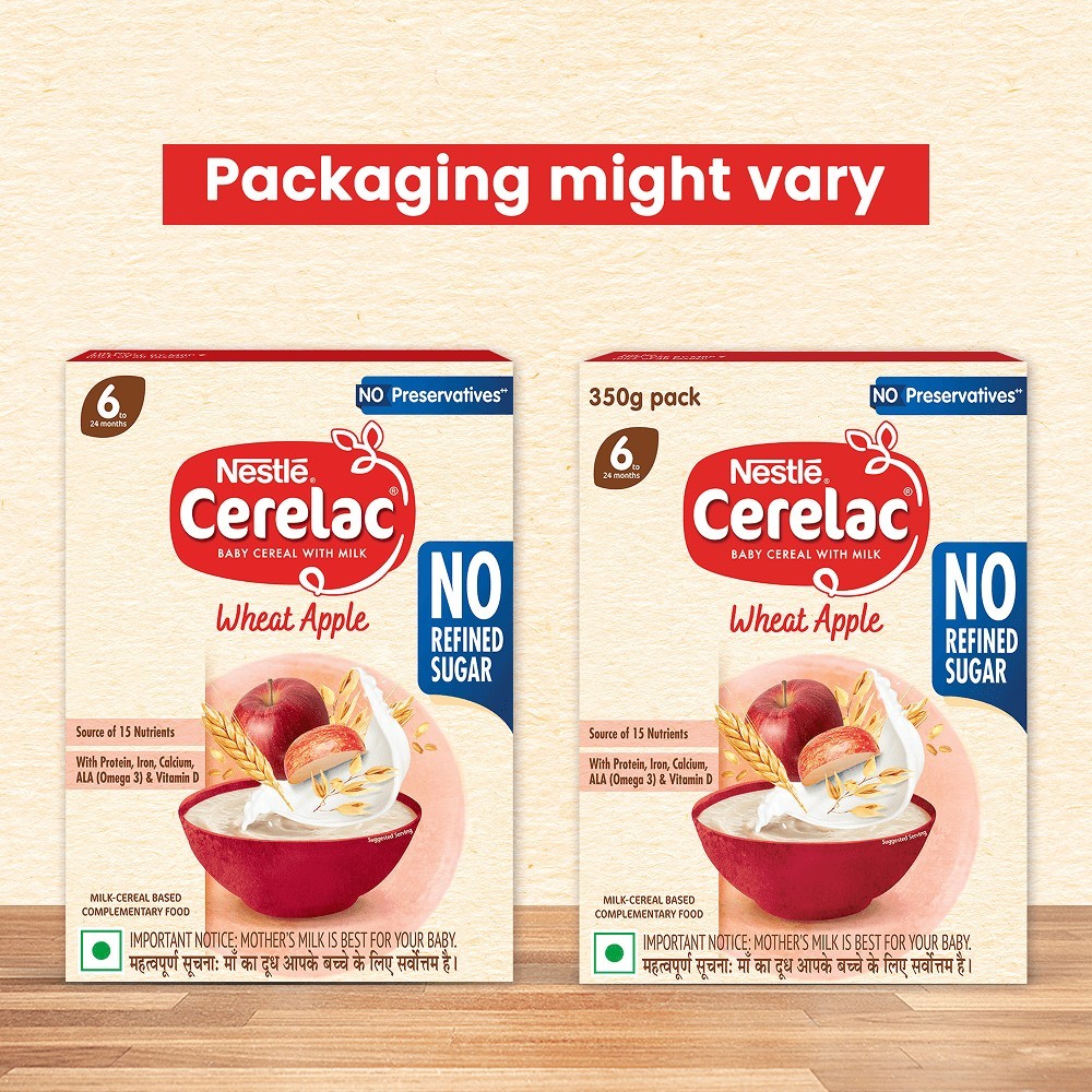 Nestle Cerelac Wheat Apple Baby Cereal (No Refined Sugar, 6-24 Months)