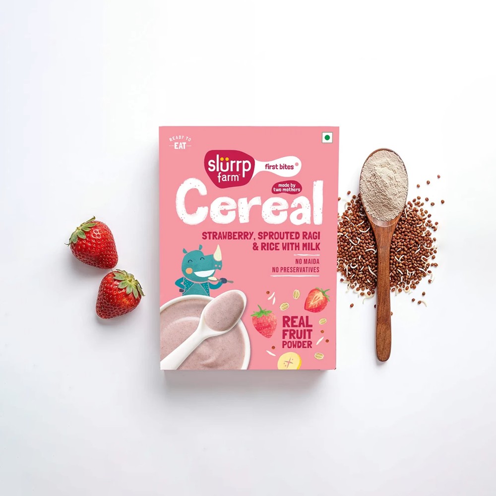 Slurrp Farm First Bites Strawberry, Sprouted Ragi & Rice Baby Cereal with Milk