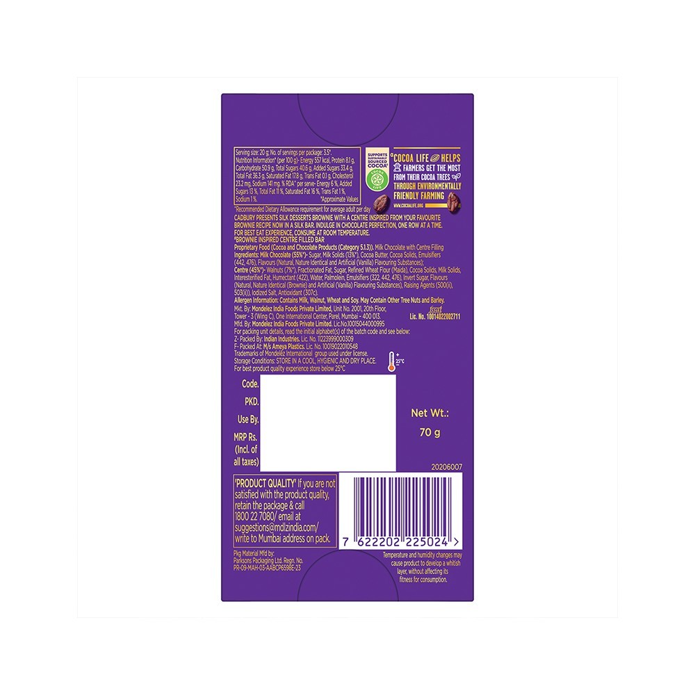 Cadbury Dairy Milk Silk Desserts Brownie Milk Chocolate Bar
