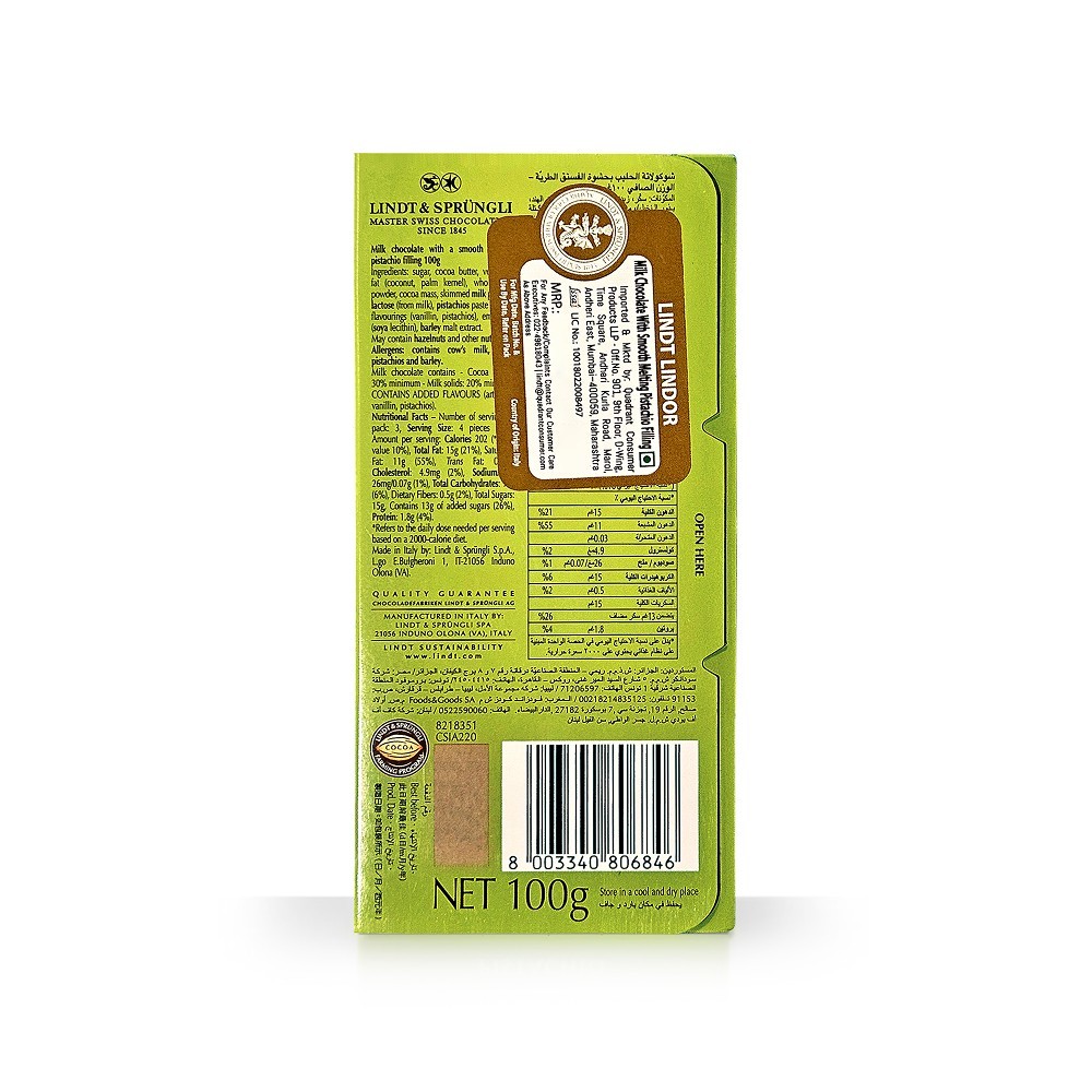 Lindt Lindor Pistachio Milk Chocolate Bar