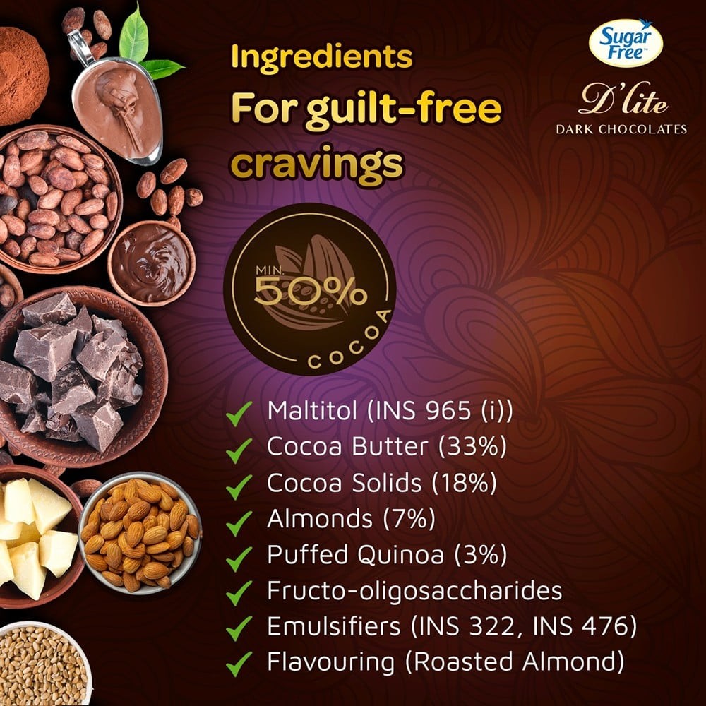 Sugar Free D'Lite Dark Chocolate Bar (Dark Crispy Quinoa & Roasted Almonds)
