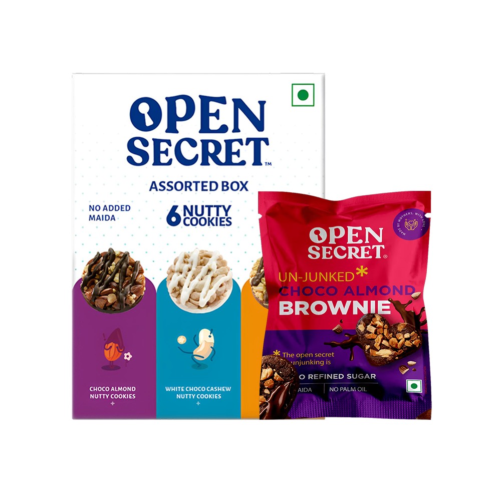 Open Secret Chocolate Almond Valentines Heart Brownie, Veg Cake +  Assorted Protein Cookies Gift Pack - Choco Almonds, White Choco Cashews & Peanut Butter Combo