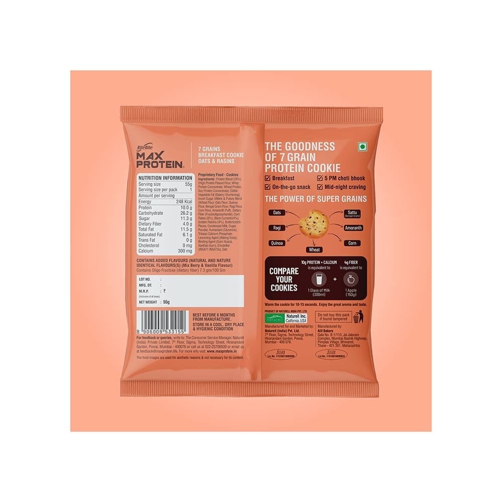 RiteBite Max Protein No Maida 7 Grains Oats & Raisins 10 g Protein Cookies