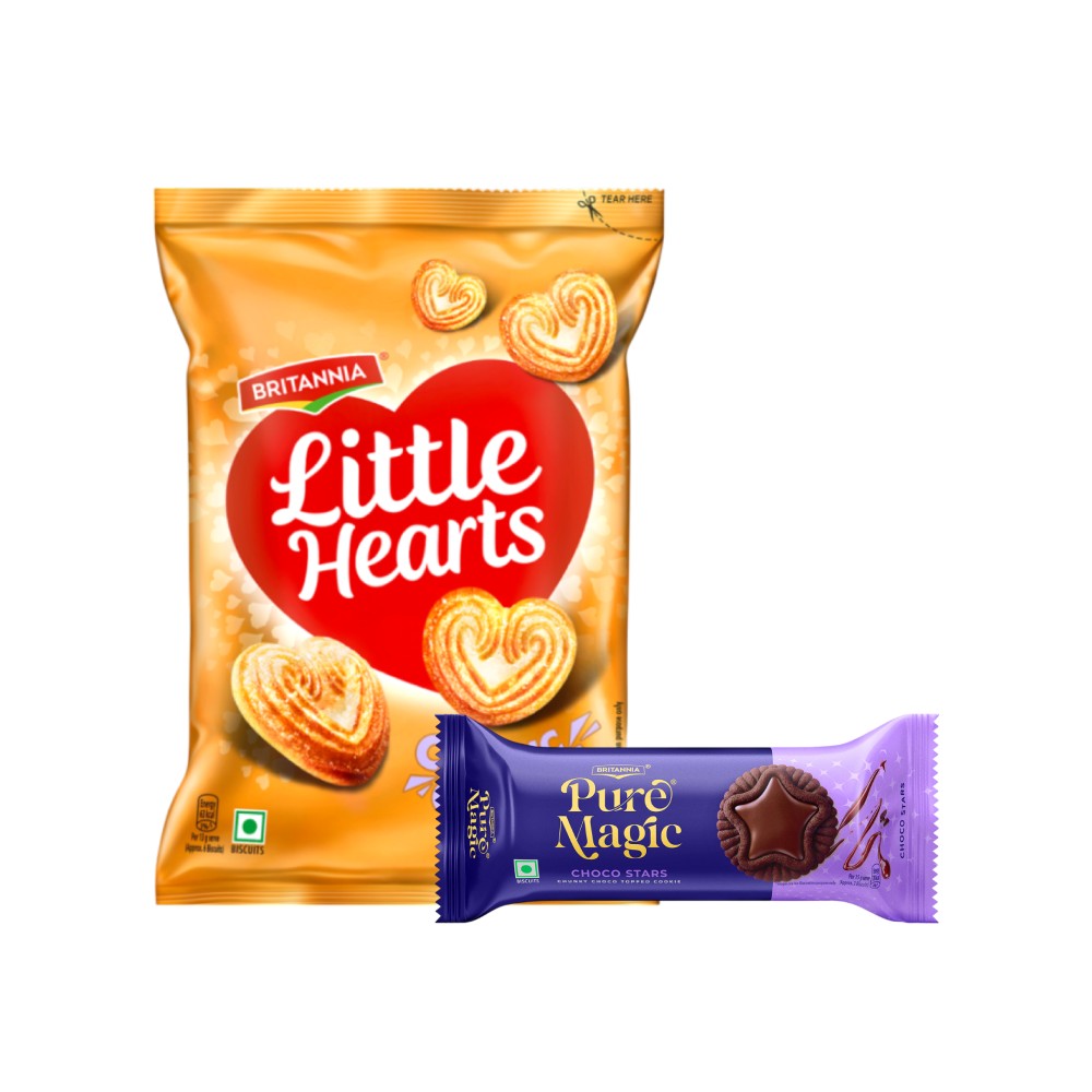 Britannia Little Hearts Classic Crunch Biscuit + Britannia Pure Magic Choco Stars Chunky Chocolate Topped Cookies Combo