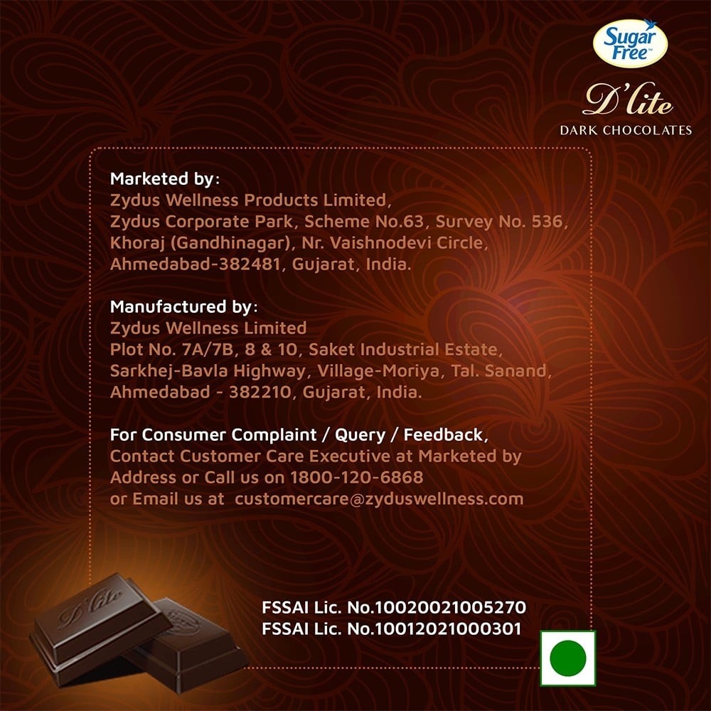 Sugar Free D'Lite Rich Cocoa Dark Chocolate Bar (Naturally Sweetened)