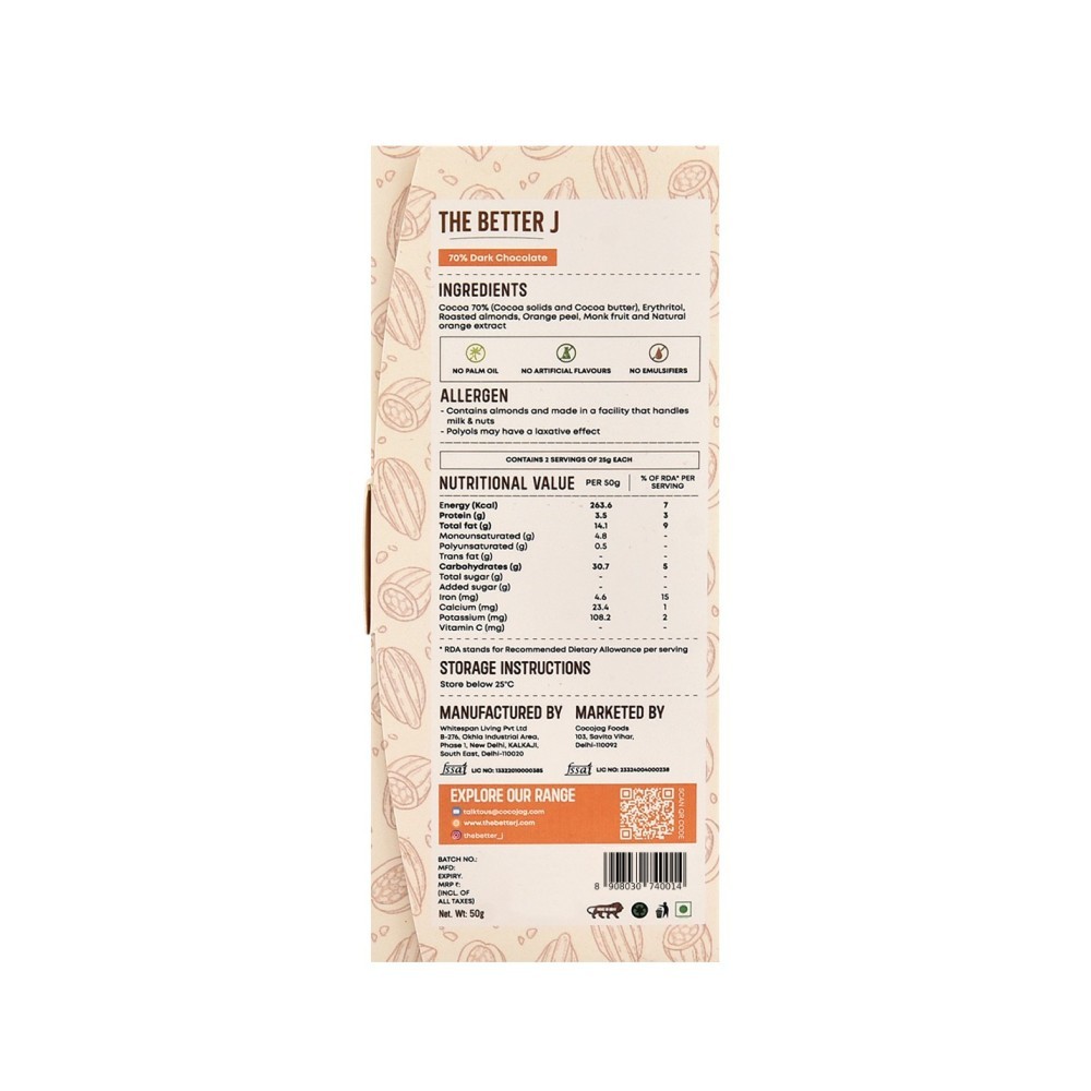 The Better J Orange Almond Sugar Free Dark Chocolate Bar