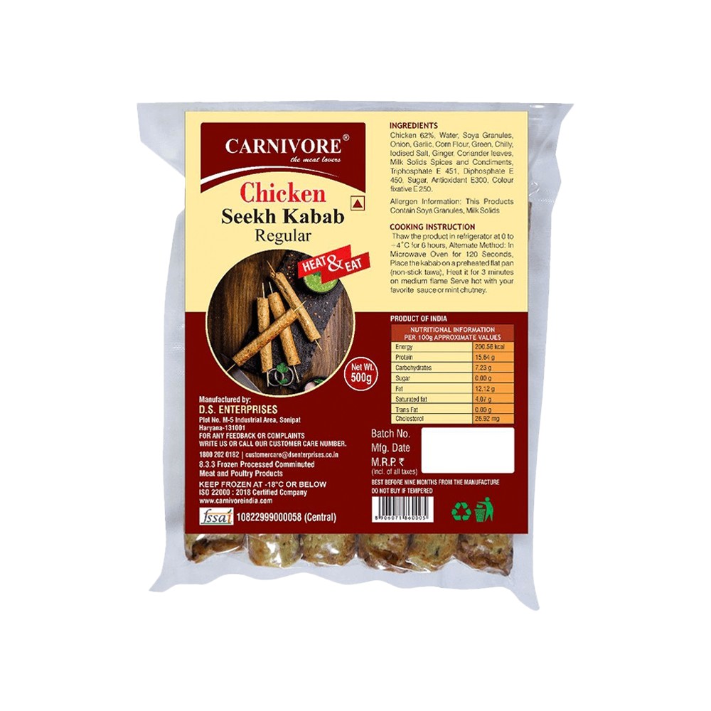 Carnivore Regular Chicken Seekh Kebab (Frozen)