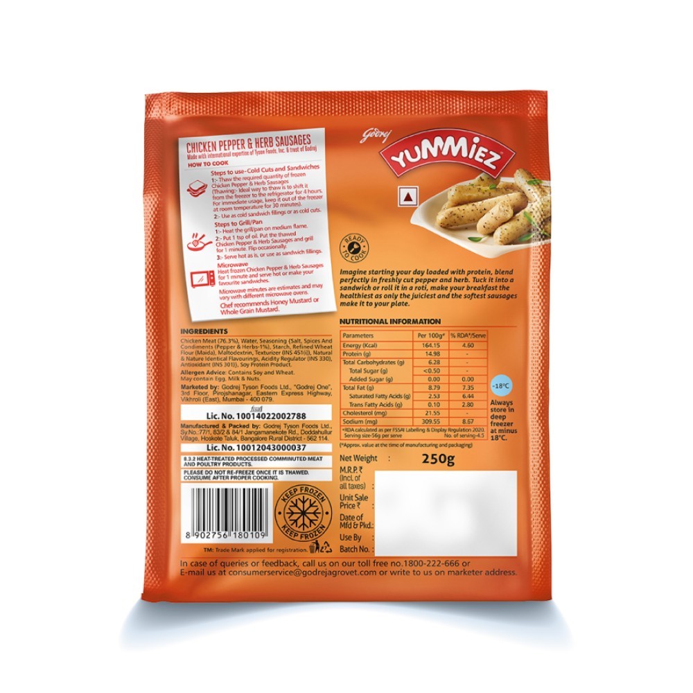 Godrej Yummiez Pepper & Herb Chicken Sausage (Frozen)