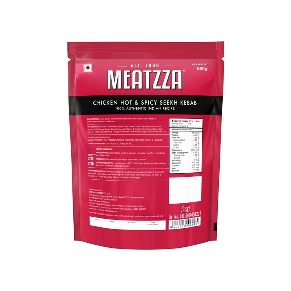 Meatzza Hot & Spicy Chicken Seekh Kebab (Frozen)