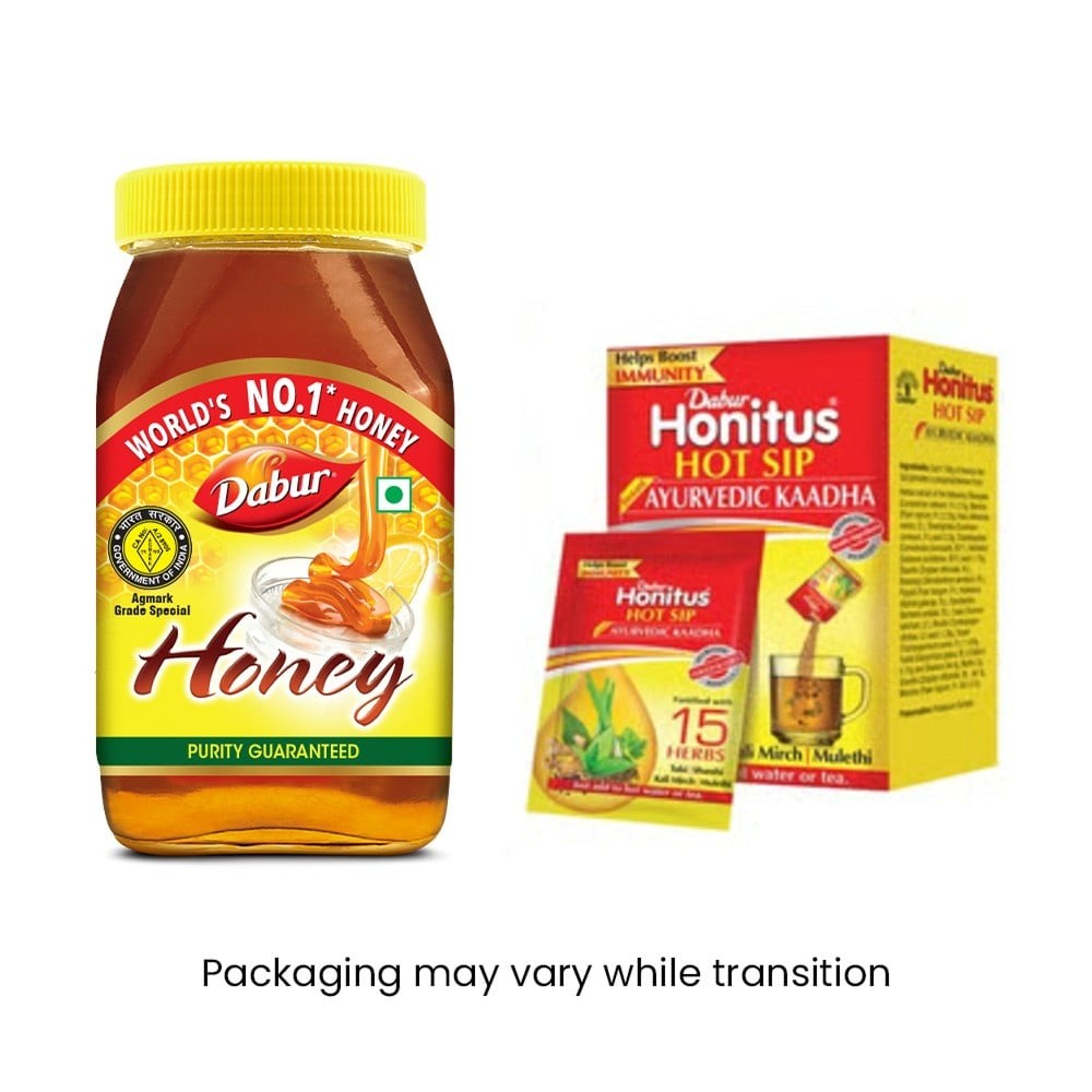 Dabur Honey - World's No.1 Honey Brand (No Sugar Adulteration) + Honitus Hot Sip Ayurvedic Kaadha Combo