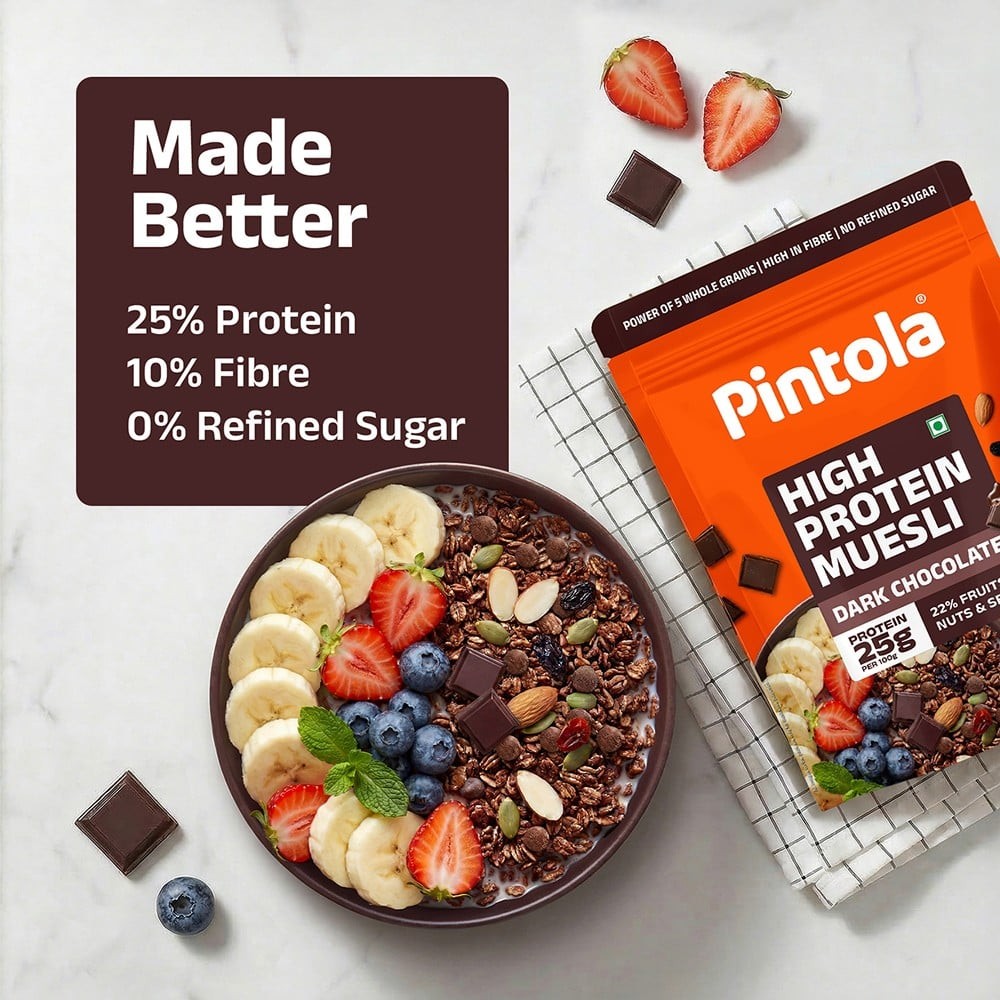 Pintola High Protein Muesli With Dark Chocolate and Cranberry 25g Protein, No Refined Sugar