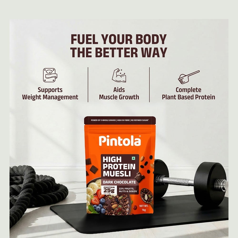 Pintola High Protein Muesli With Dark Chocolate and Cranberry 25g Protein, No Refined Sugar