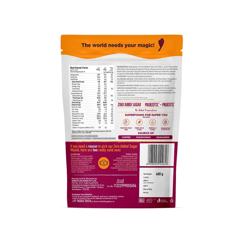 Yoga Bar 0% Added Sugar Super Muesli (400 g) - Pack of 2