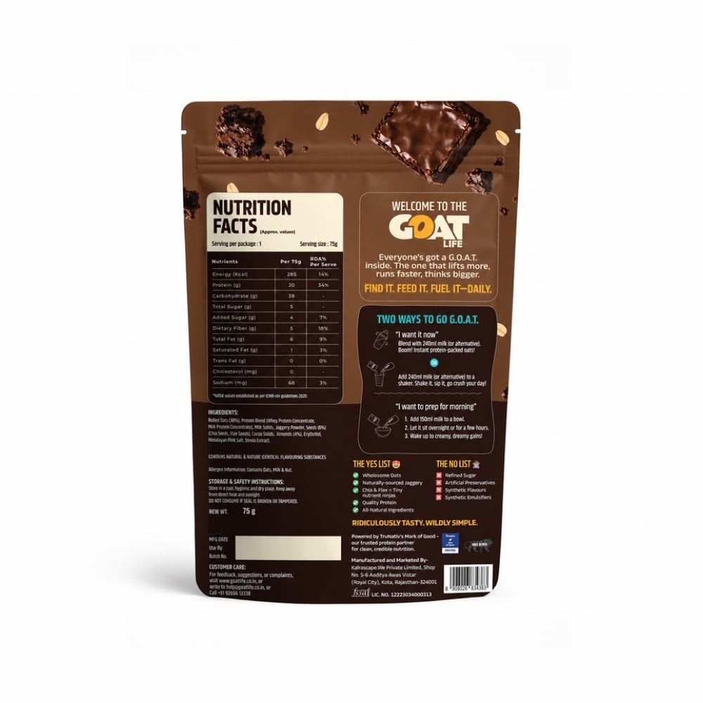 GOAT Life High Protein Overnight Instant Oats Brownie Fudge