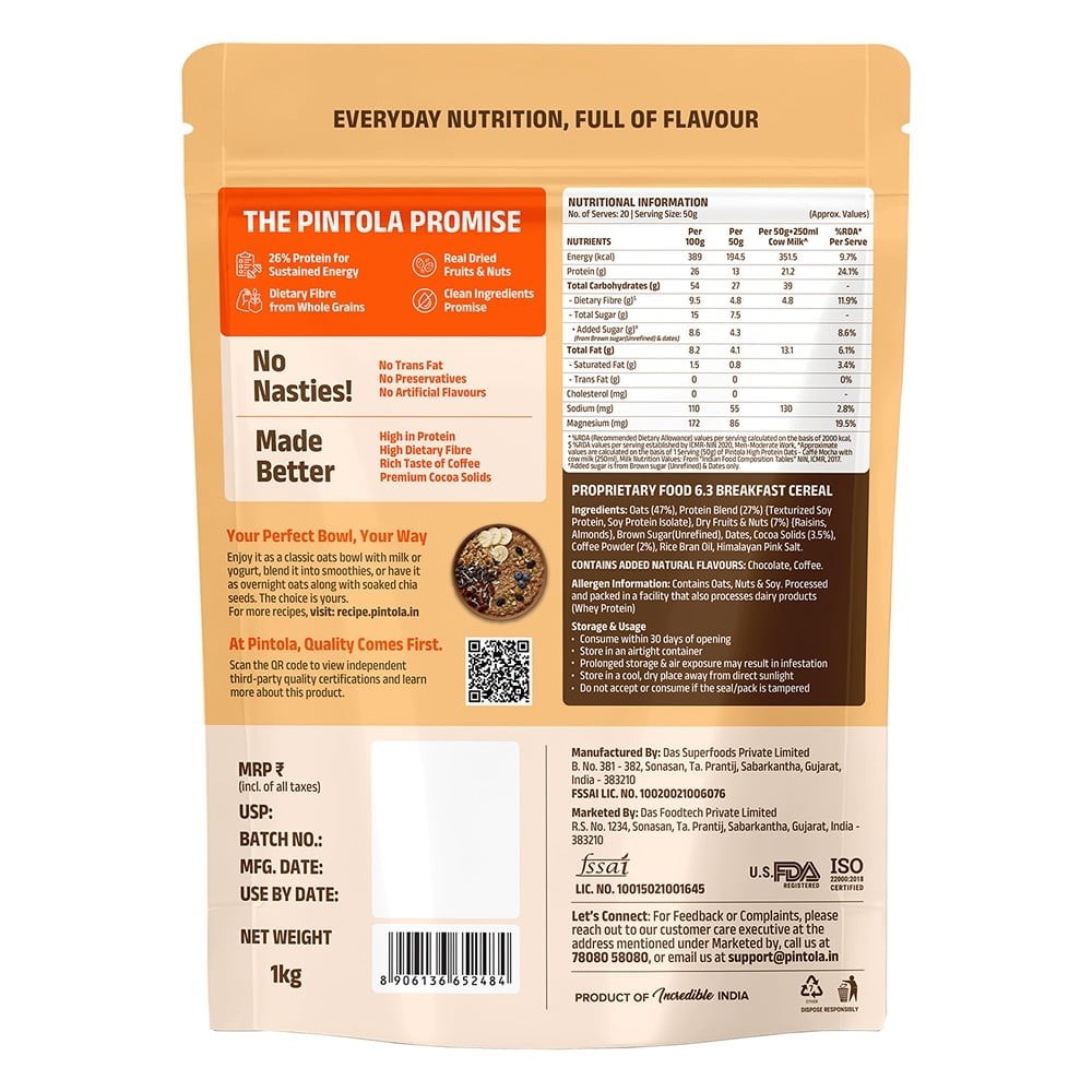 Pintola 26g High Protein Oats Caffè Mocha with Almonds & Raisin
