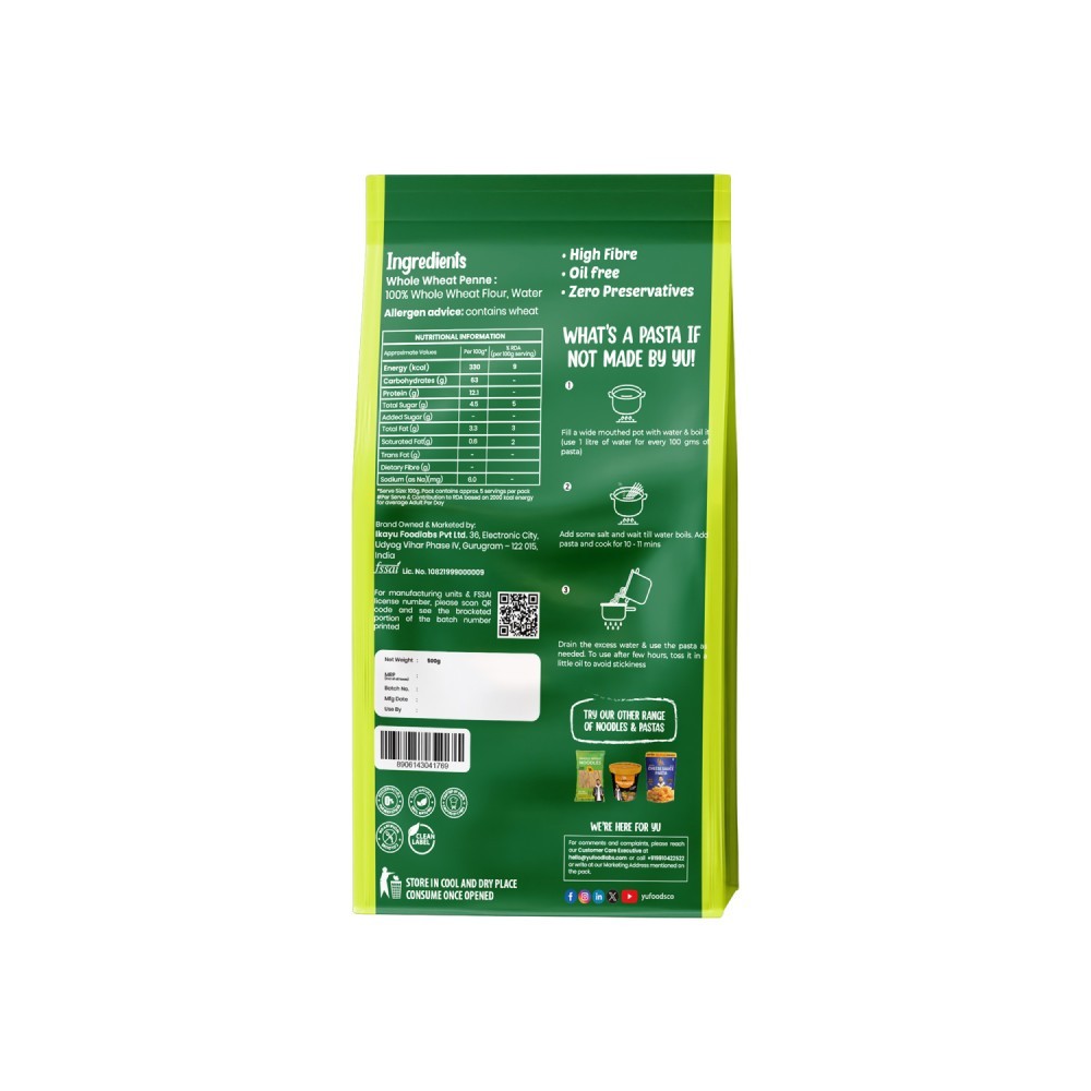 Yu 100% Whole Wheat Penne Pasta