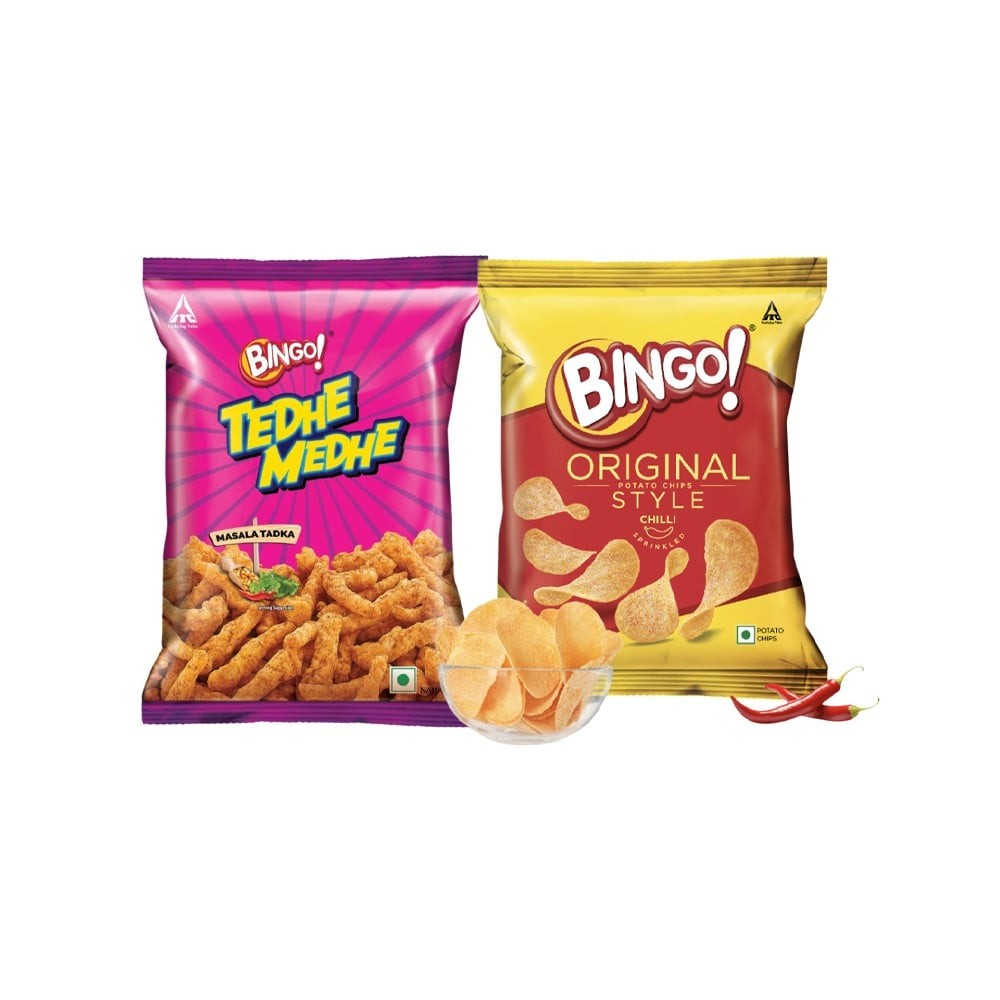 Bingo Tedhe Medhe Masala Tadka Crisps + Bingo Original Style Chilli Potato Chips Combo