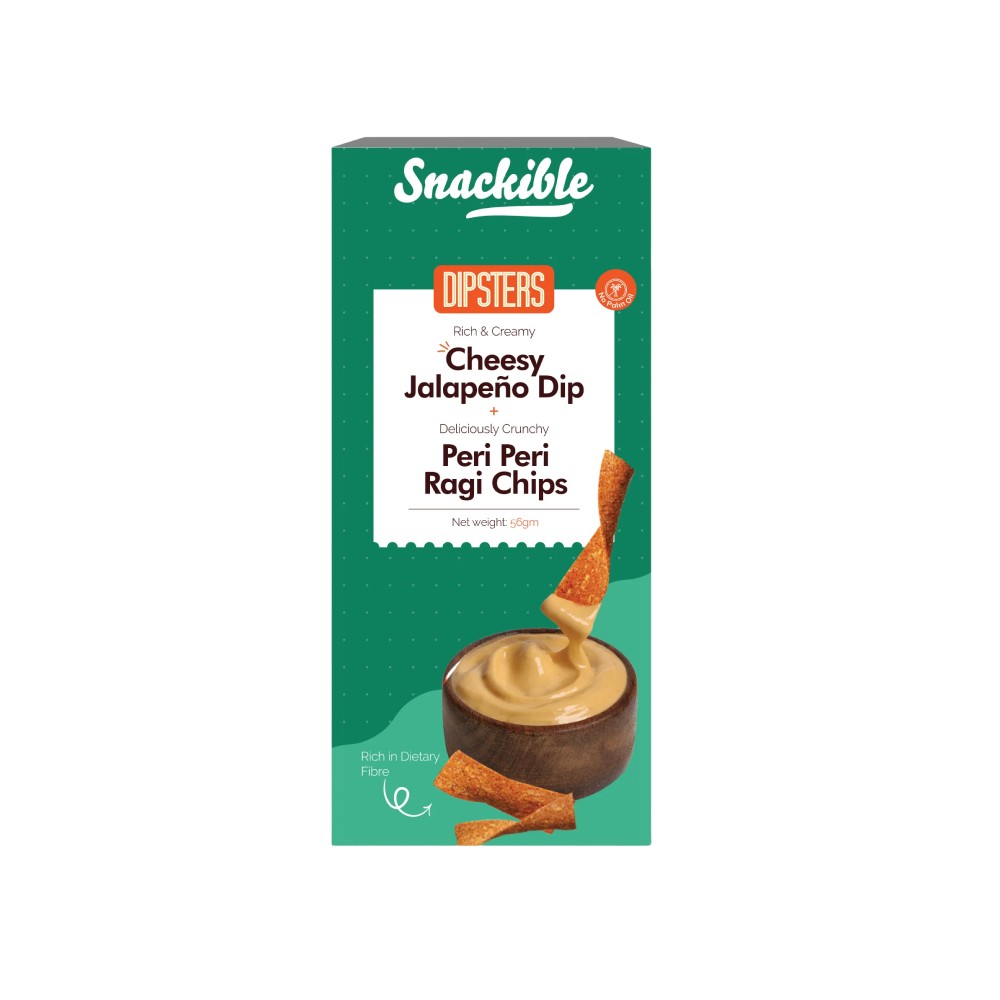 Snackible Dipsters Piri Piri Ragi Chips with Cheesy Jalapeno Dip