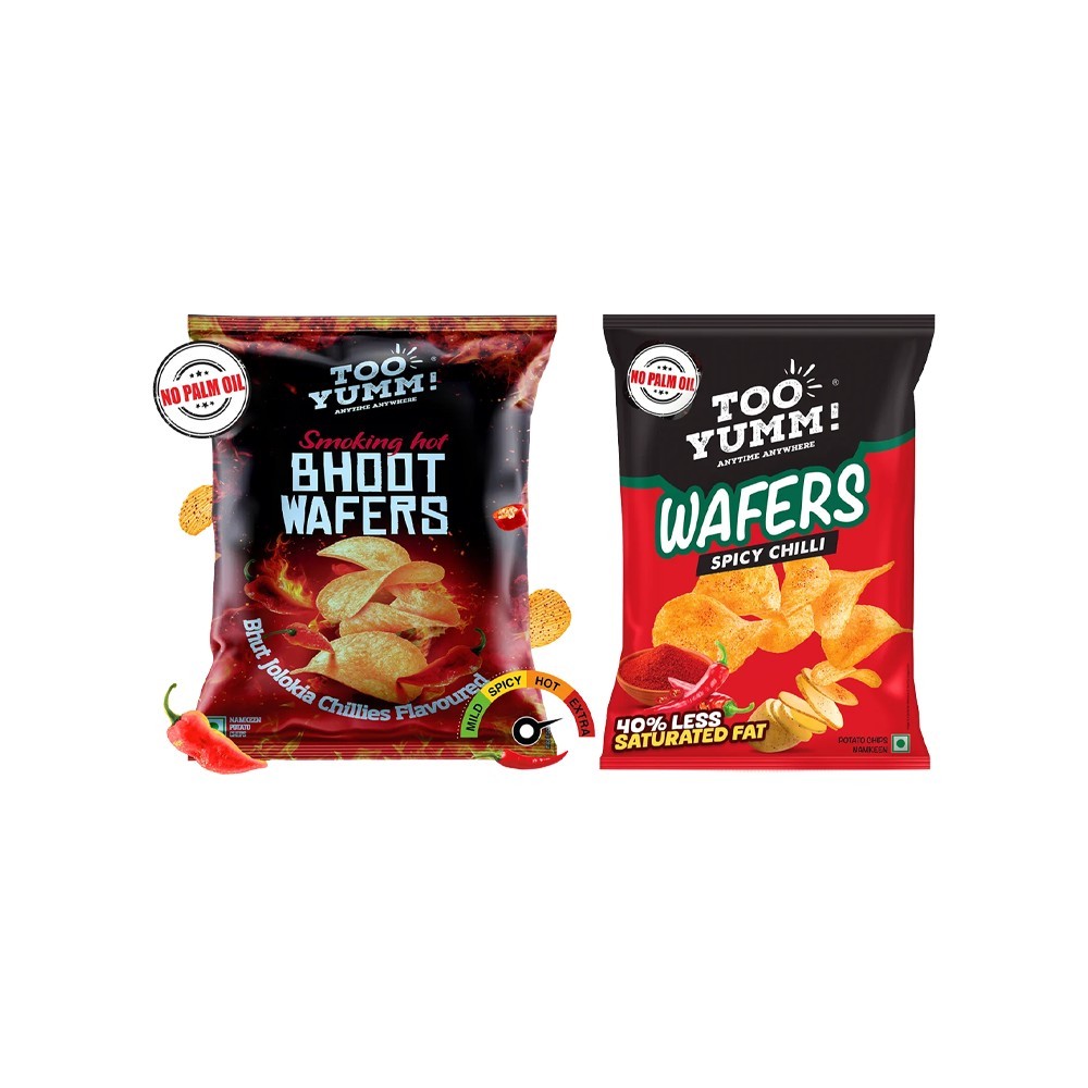 Too Yumm Spicy Chilli Wafers Potato Chips (No Palm Oil) +  Bhoot Wafer Potato Chips - Spicy Jholokia Chilli Combo
